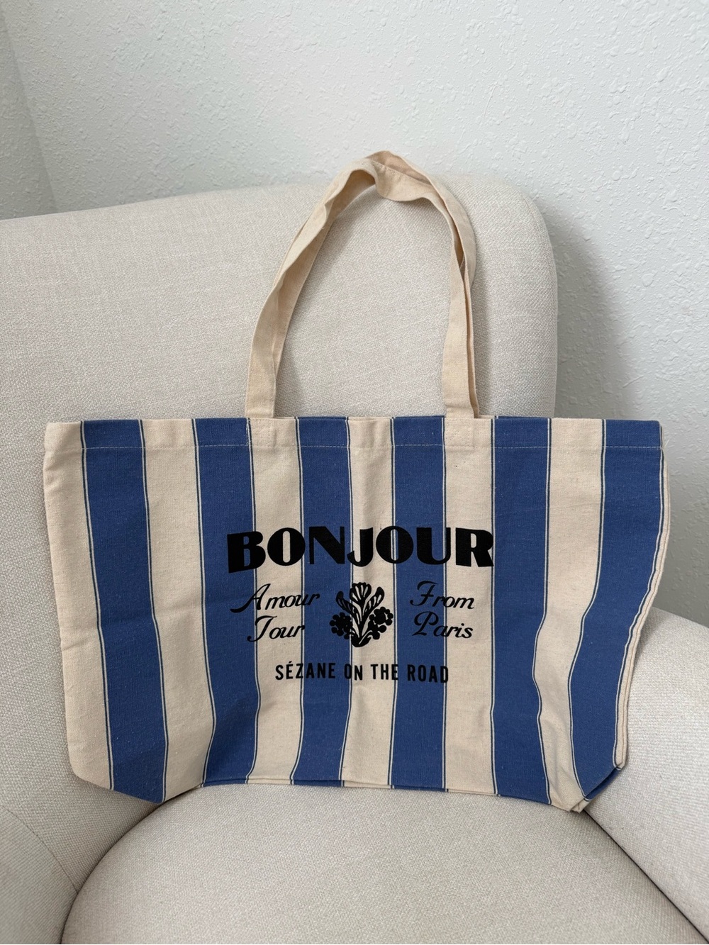 Sezane Blue Stripe Bonjour Canvas Tote